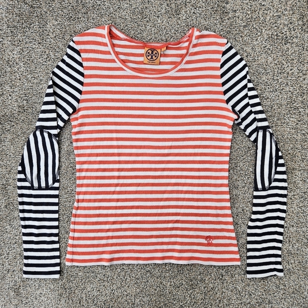 Tory Burch Multi Color Striped Long Sleeve Tee Shirt Peach White Navy Blue Small
